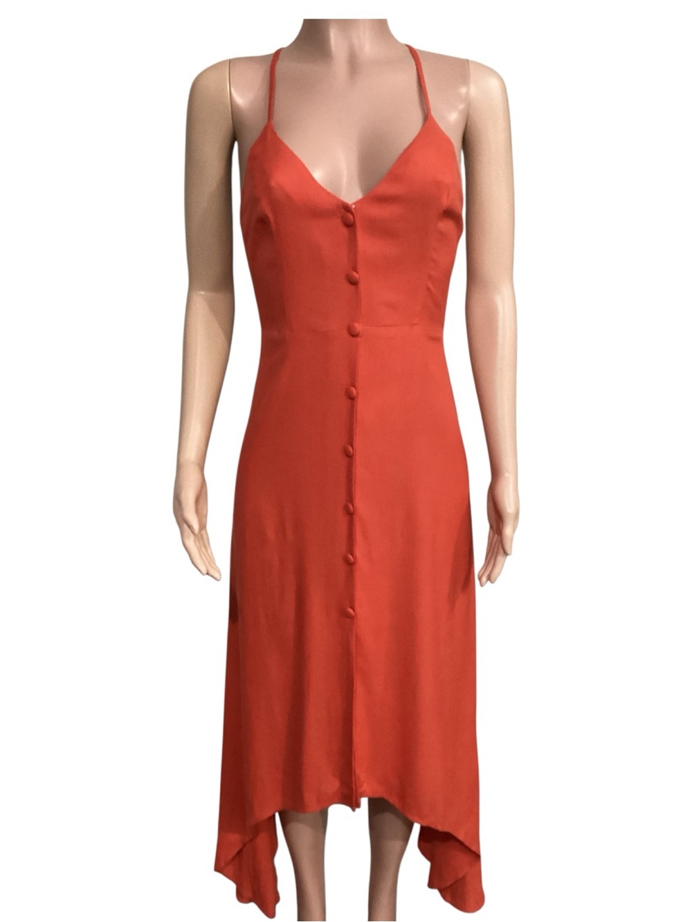 Reformation Savannah Button-Front Red Midi Dress Asymmetrical Hem Flowy Size 2